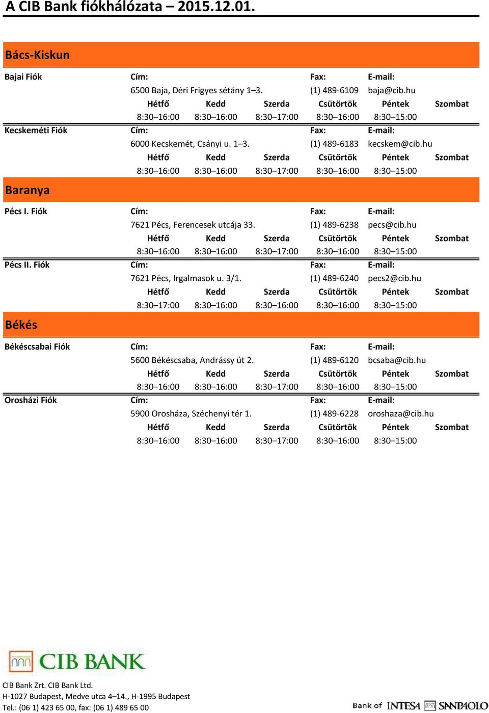 Fiók 7621 Pécs, Ferencesek utcája 33. (1) 489-6238 pecs@cib.hu 7621 Pécs, Irgalmasok u. 3/1. (1) 489-6240 pecs2@cib.