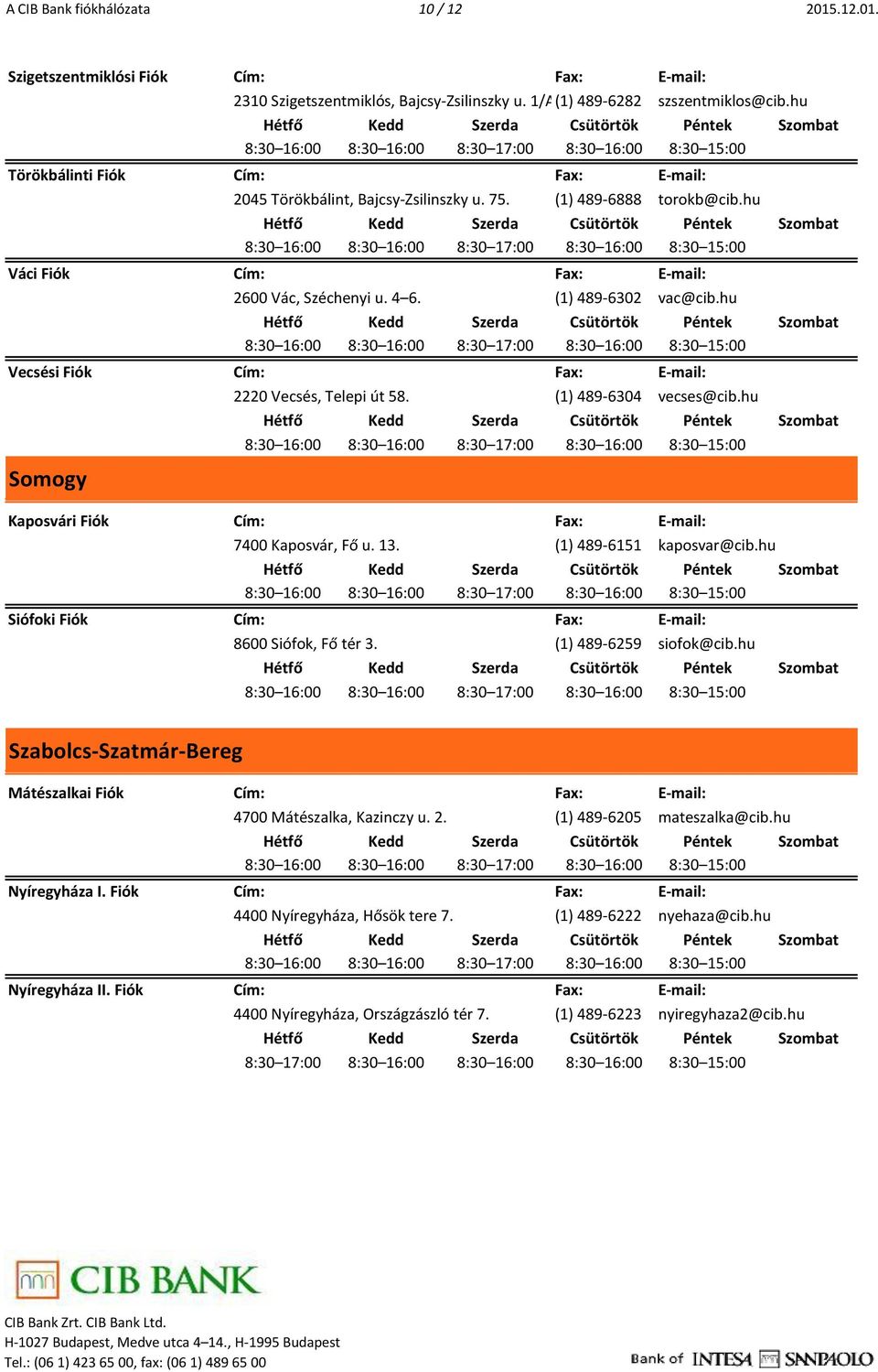 (1) 489-6304 vecses@cib.hu 7400 Kaposvár, Fő u. 13. (1) 489-6151 kaposvar@cib.hu 8600 Siófok, Fő tér 3. (1) 489-6259 siofok@cib.hu Szabolcs-Szatmár-Bereg Mátészalkai Fiók Nyíregyháza I.