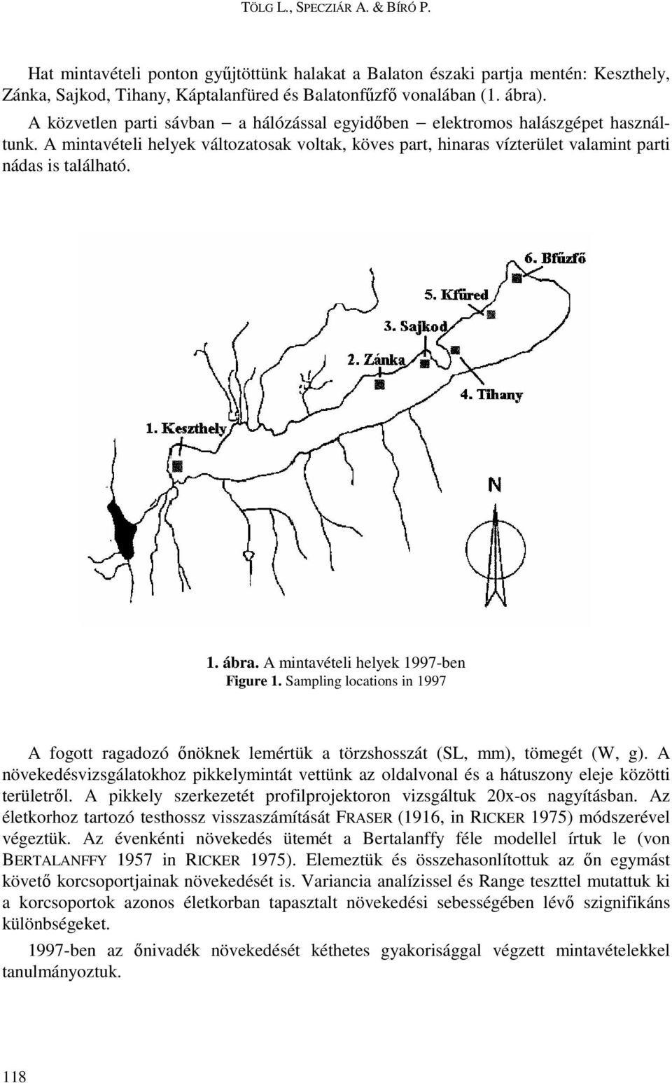 A mintavételi helyek 1997-ben Figure 1. Sampling locations in 1997 A fogott ragadozó ınöknek lemértük a törzshosszát (SL, mm), tömegét (W, g).