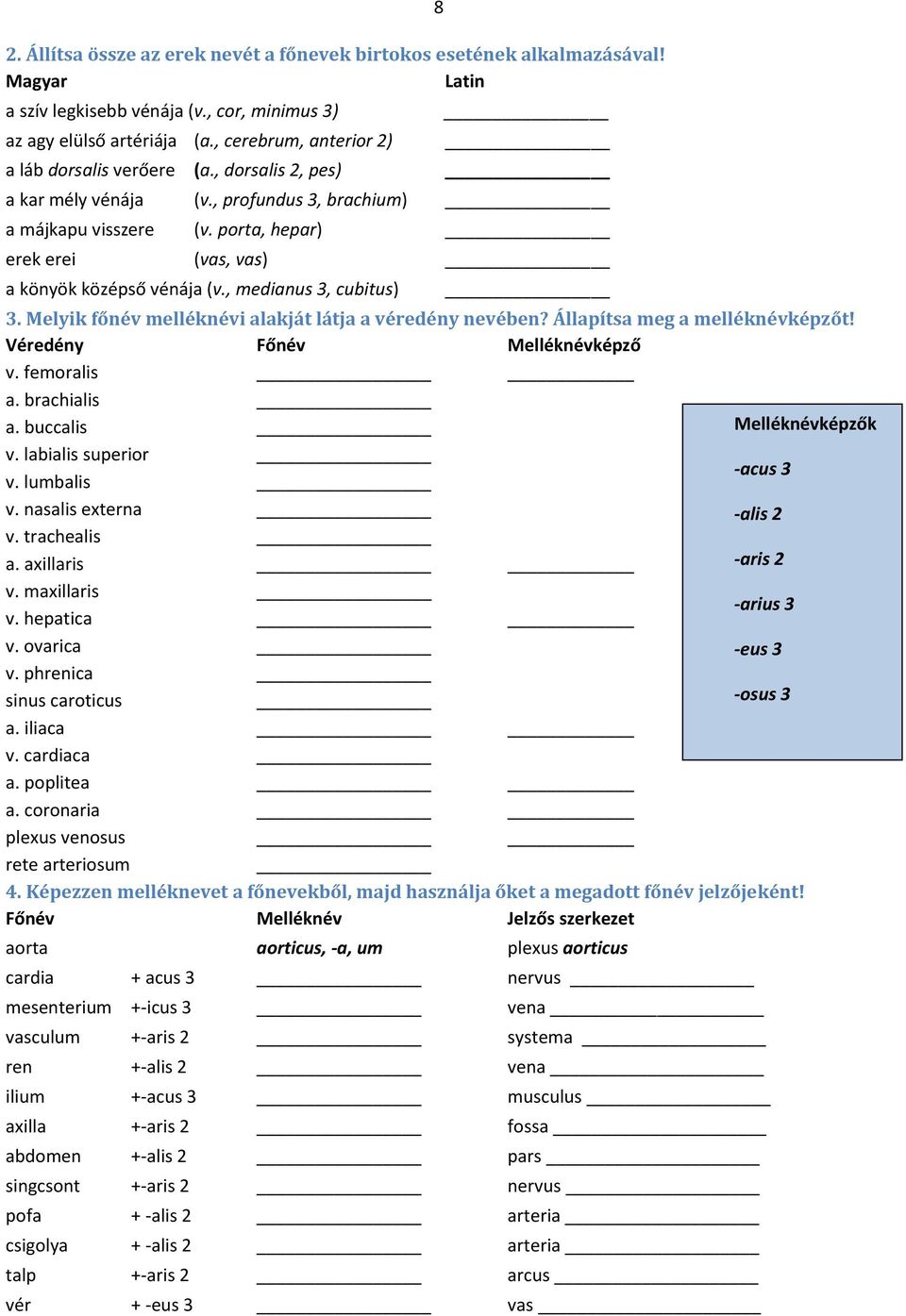 , medianus 3, cubitus) 3. Melyik főnév melléknévi alakját látja a véredény nevében? Állapítsa meg a melléknévképzőt! Véredény Főnév Melléknévképző v. femoralis a. brachialis a.