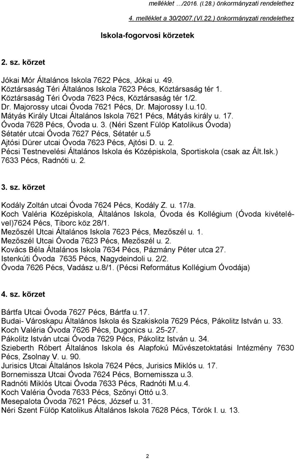 Mátyás Király Utcai Általános Iskola 7621 Pécs, Mátyás király u. 17. Óvoda 7628 Pécs, Óvoda u. 3. (Néri Szent Fülöp Katolikus Óvoda) Sétatér utcai Óvoda 7627 Pécs, Sétatér u.