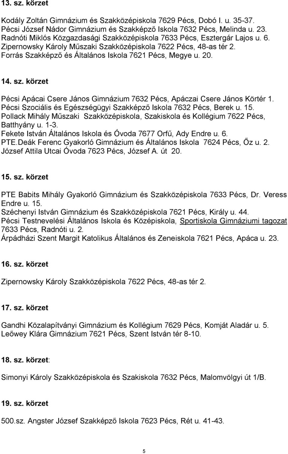 20. 14. sz. körzet Pécsi Apácai Csere János Gimnázium 7632 Pécs, Apáczai Csere János Körtér Pécsi Szociális és Egészségügyi Szakképző Iskola 7632 Pécs, Berek u. 15.