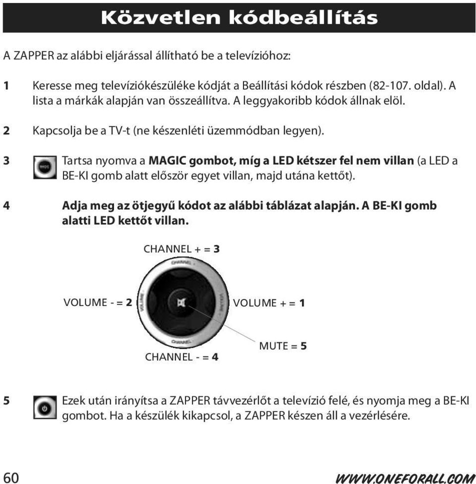 3 Tartsa nyomva a MAGIC gombot, míg a LED kétszer fel nem villan (a LED a BE-KI gomb alatt először egyet villan, majd utána kettőt). 4 Adja meg az ötjegyű kódot az alábbi táblázat alapján.