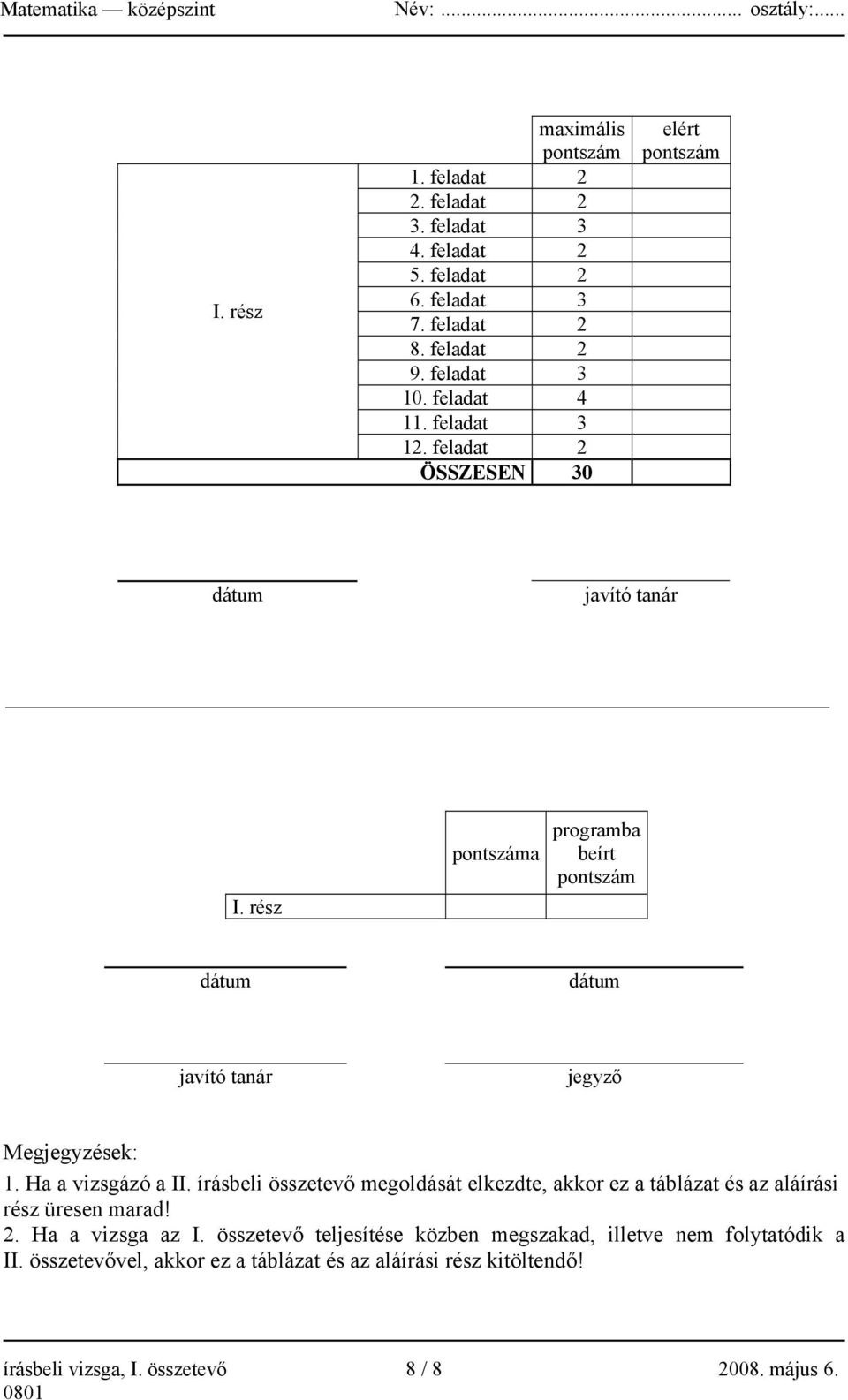 Ha a vizsgázó a II. írásbeli összetevő megoldását elkezdte, akkor ez a táblázat és az aláírási rész üresen marad! 2. Ha a vizsga az I.