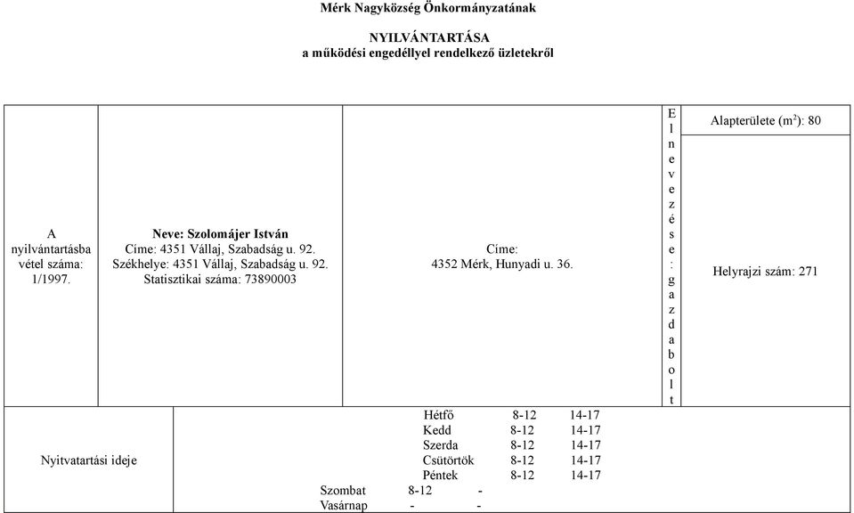 Skhy 4351 Váaj, Sabadág u. 92. Statitikai áma 73890003 Cím 4352 Mrk, Huyadi u. 36.