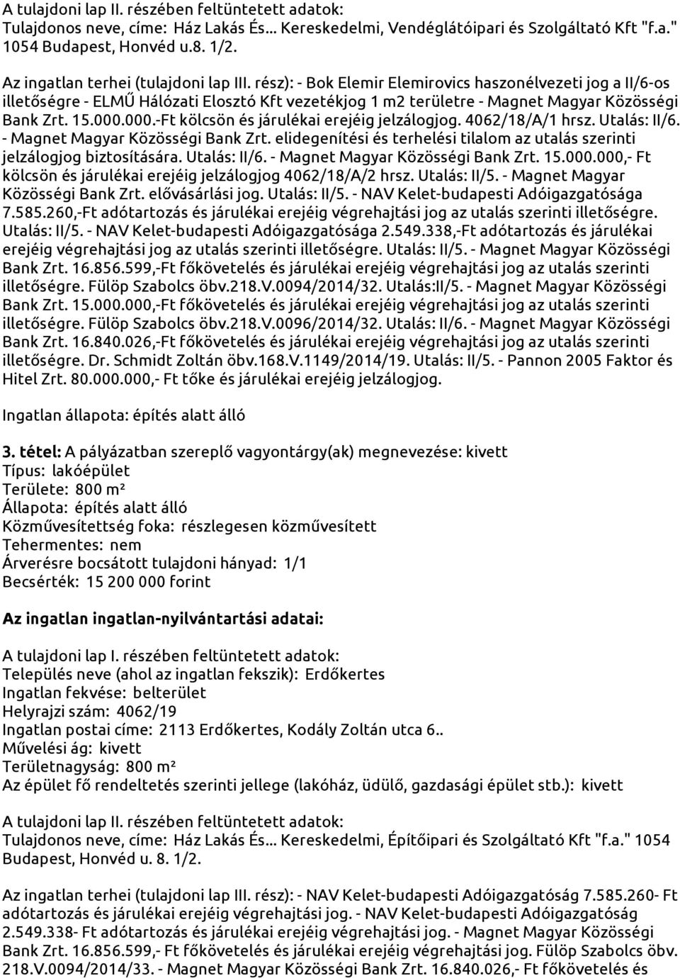 rész): - Bok Elemir Elemirovics haszonélvezeti jog a II/6-os illetőségre - ELMŰ Hálózati Elosztó Kft vezetékjog 1 m2 területre - Magnet Magyar Közösségi Bank Zrt. 15.000.