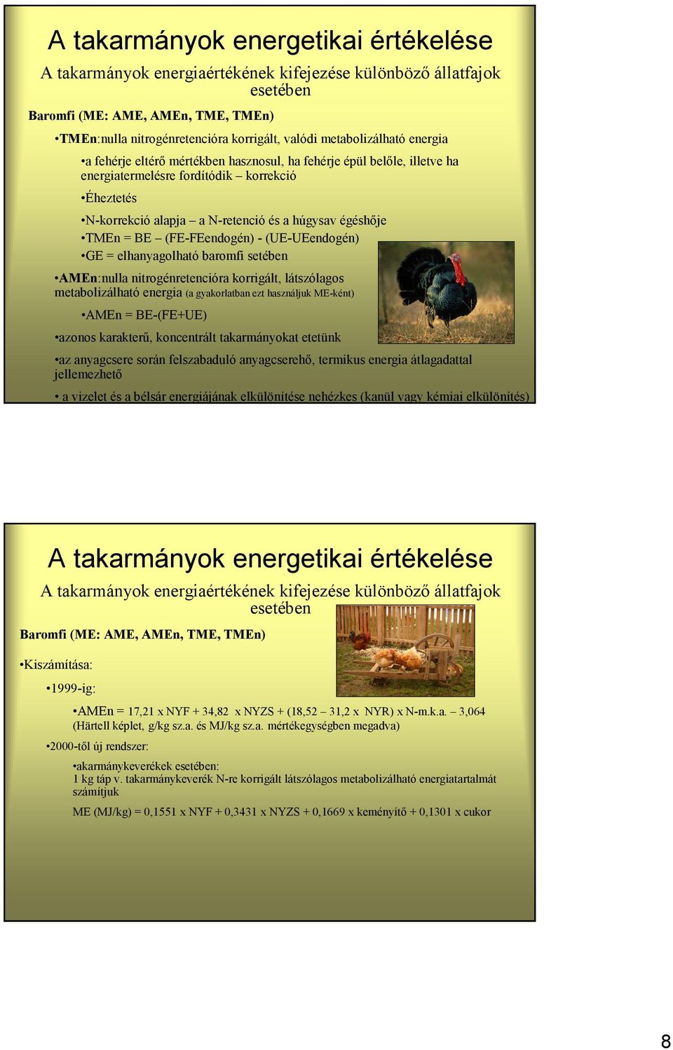 látszólagos metabolizálható energia (a gyakorlatban ezt használjuk ME-ként) AMEn BE-(FE+UE) azonos karakterű, koncentrált takarmányokat etetünk az anyagcsere során felszabaduló anyagcserehő, termikus