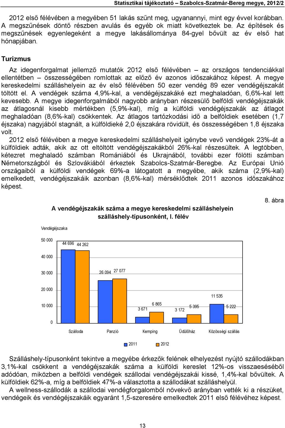 Turizmus Az idegenforgalmat jellemző mutatók 2012 első félévében az országos tendenciákkal ellentétben összességében romlottak az előző év azonos időszakához képest.