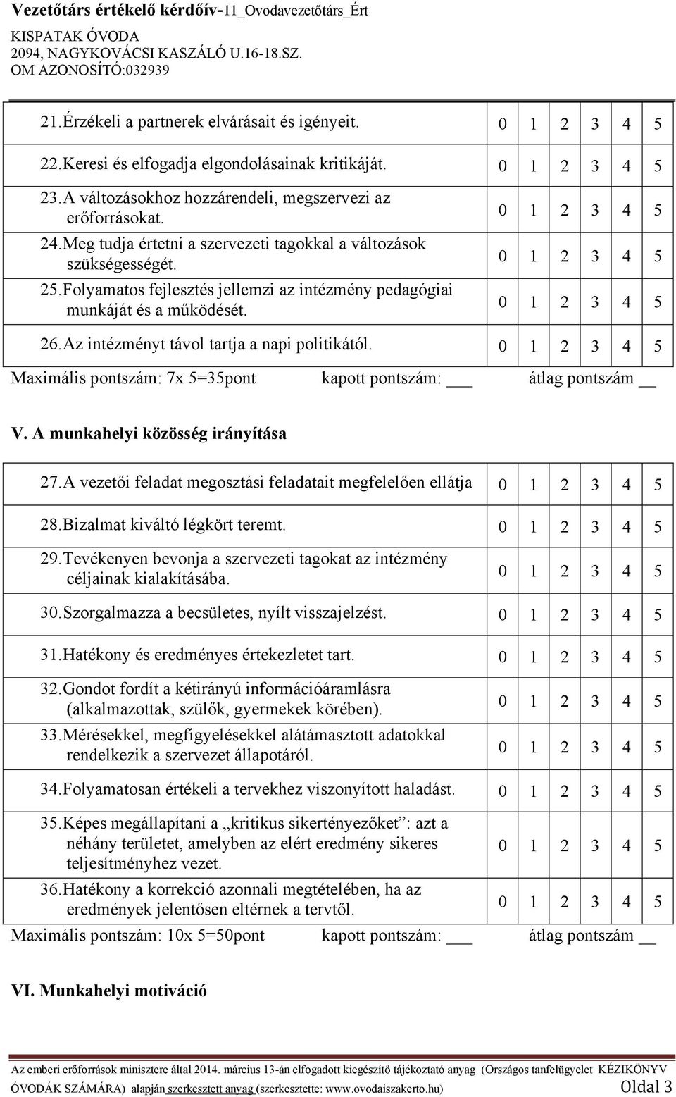 Az intézményt távol tartja a napi politikától. Maximális pontszám: 7x 5=35pont kapott pontszám: átlag pontszám V. A munkahelyi közösség irányítása 27.