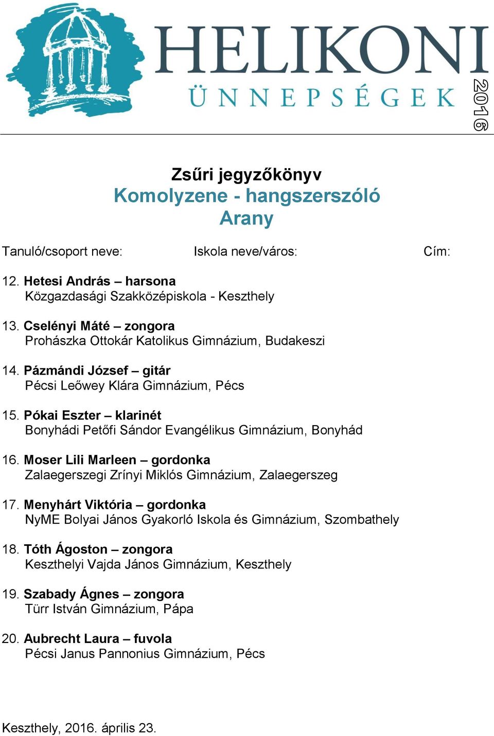 Pókai Eszter klarinét Bonyhádi Petőfi Sándor Evangélikus Gimnázium, Bonyhád 16. Moser Lili Marleen gordonka 17.