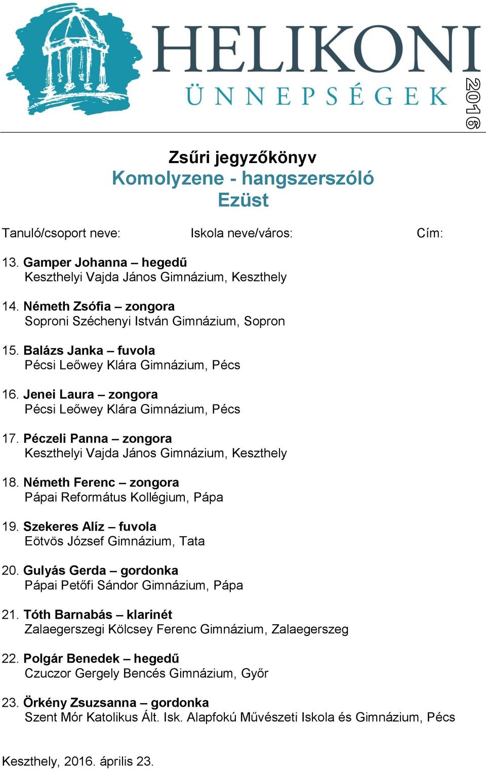 Szekeres Alíz fuvola Eötvös József Gimnázium, Tata 20. Gulyás Gerda gordonka Pápai Petőfi Sándor Gimnázium, Pápa 21.