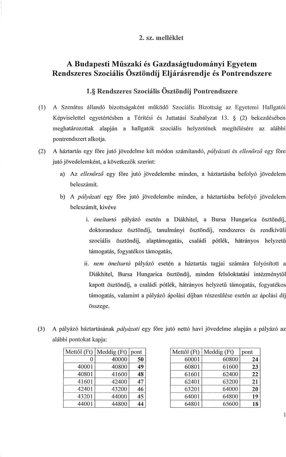 (2) bekezdésében meghatározottak alapján a hallgatók szociális helyzetének megítélésére az alábbi pontrendszert alkotja.