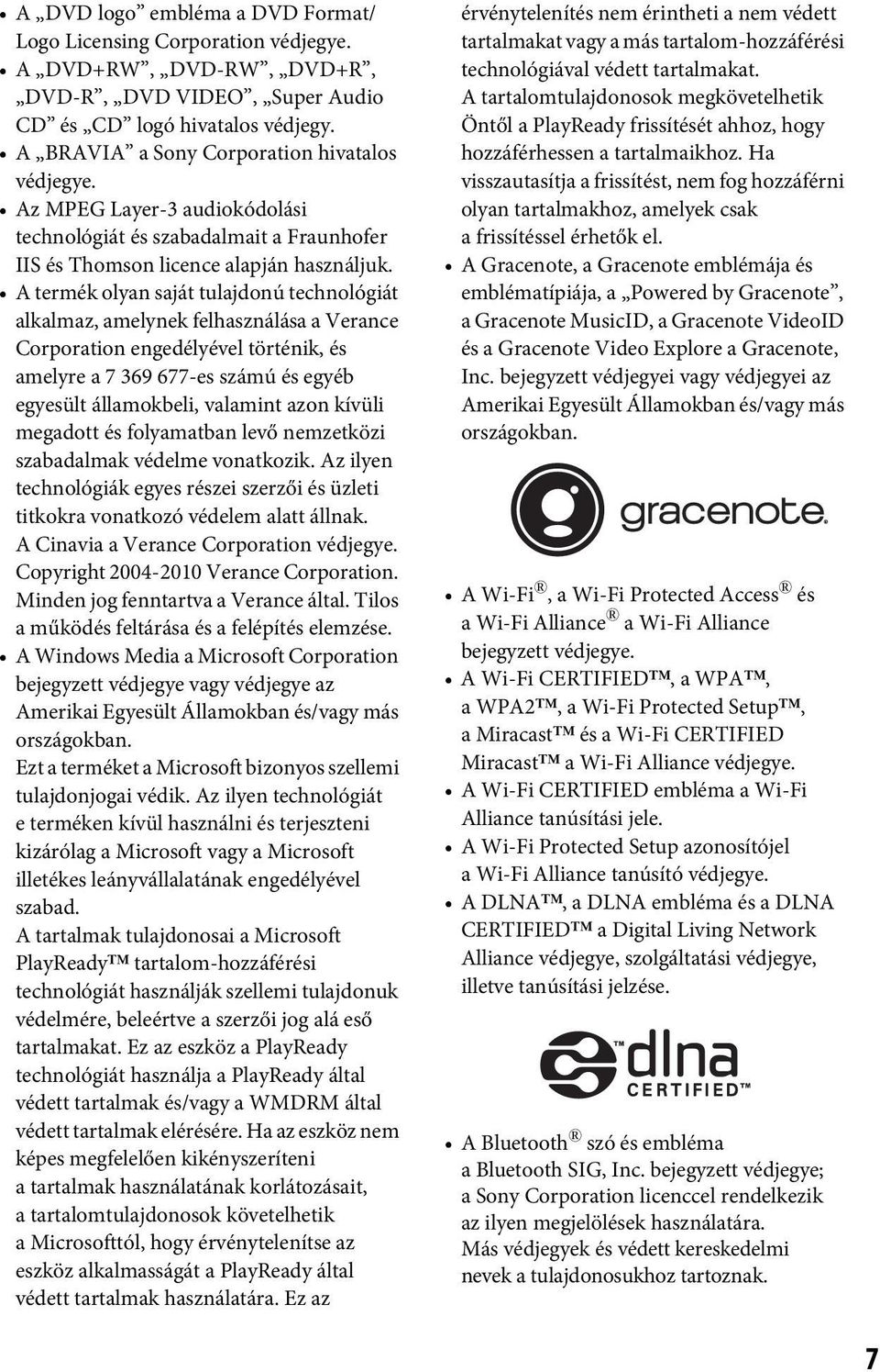 A termék olyan saját tulajdonú technológiát alkalmaz, amelynek felhasználása a Verance Corporation engedélyével történik, és amelyre a 7 369 677-es számú és egyéb egyesült államokbeli, valamint azon