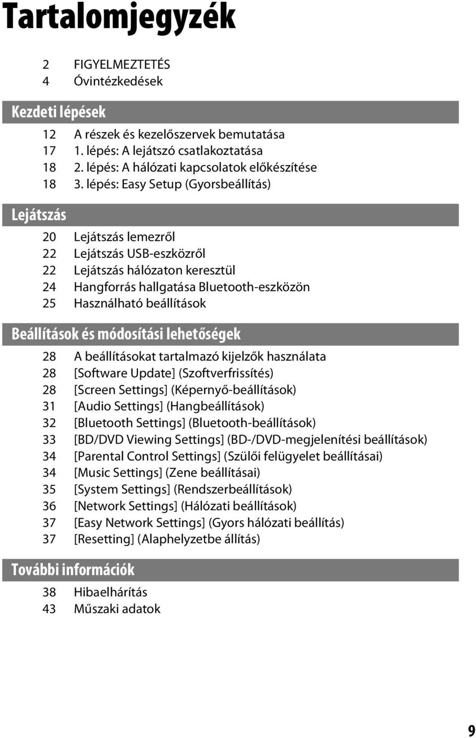 lépés: Easy Setup (Gyorsbeállítás) 20 Lejátszás lemezről 22 Lejátszás USB-eszközről 22 Lejátszás hálózaton keresztül 24 Hangforrás hallgatása Bluetooth-eszközön 25 Használható beállítások Beállítások
