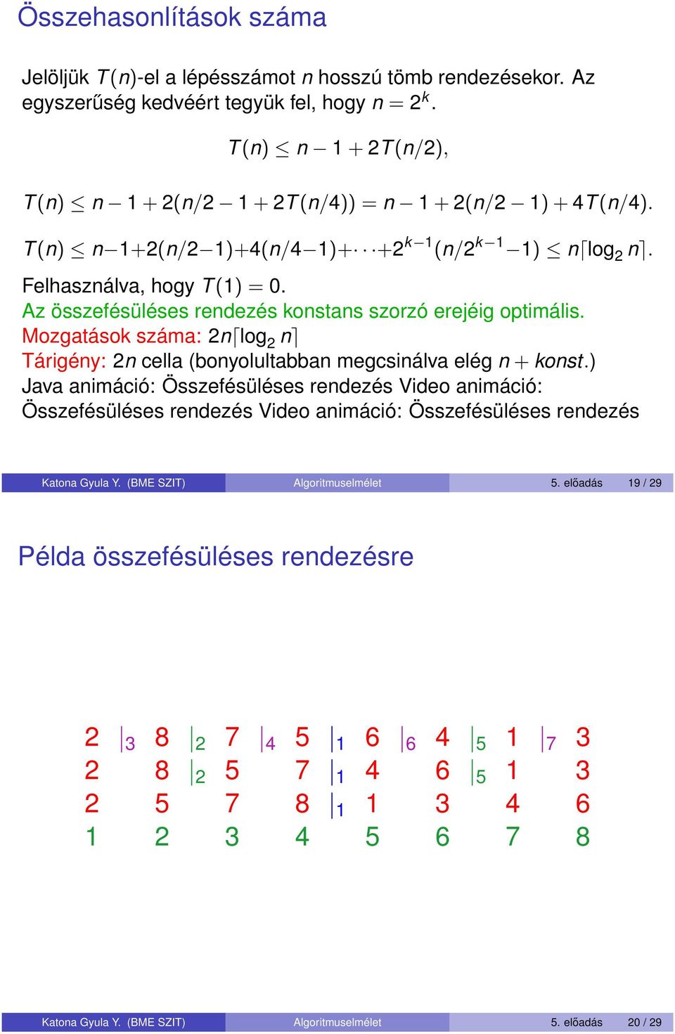 Az összefésüléses rendezés konstans szorzó erejéig optimális. Mozgatások száma: 2n log 2 n Tárigény: 2n cella (bonyolultabban megcsinálva elég n + konst.