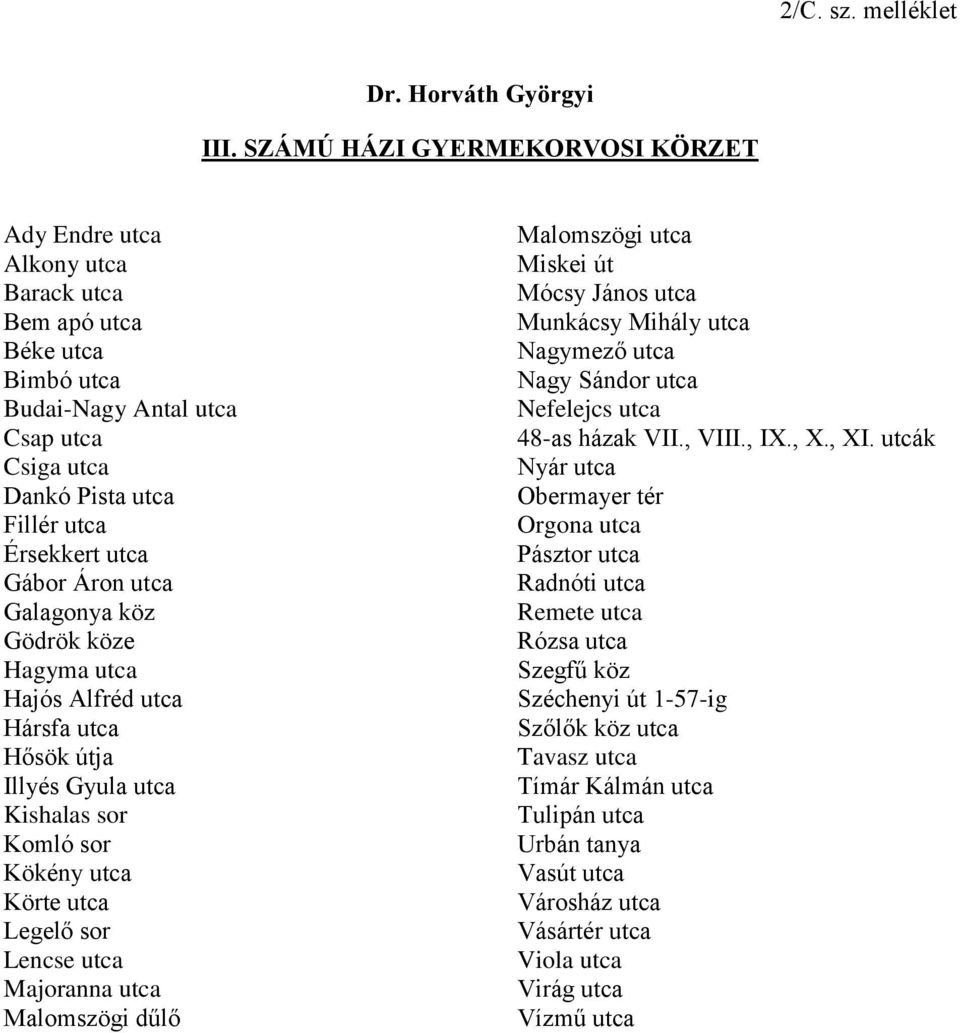 Áron utca Galagonya köz Gödrök köze Hagyma utca Hajós Alfréd utca Hársfa utca Hősök útja Illyés Gyula utca Kishalas sor Komló sor Kökény utca Körte utca Legelő sor Lencse utca Majoranna utca