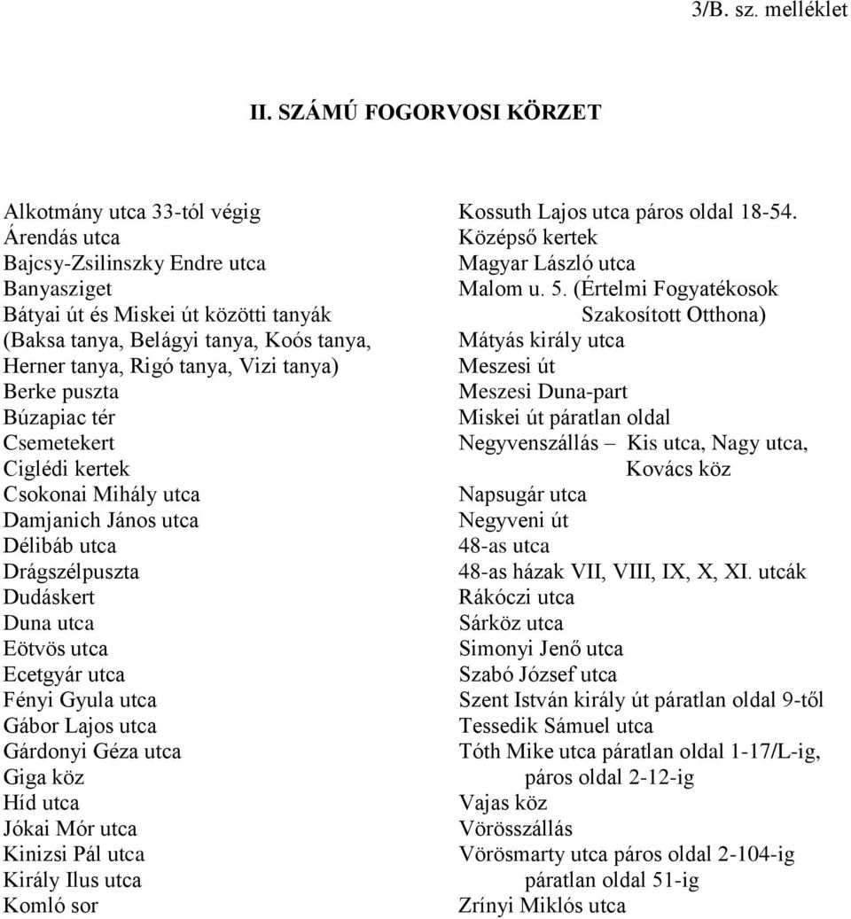 Rigó tanya, Vizi tanya) Berke puszta Búzapiac tér Csemetekert Ciglédi kertek Csokonai Mihály utca Damjanich János utca Délibáb utca Drágszélpuszta Dudáskert Duna utca Eötvös utca Ecetgyár utca Fényi