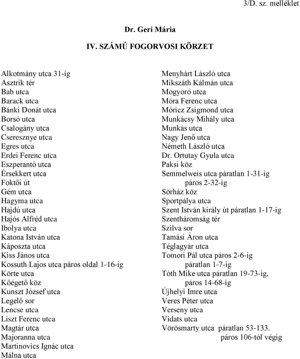 Foktői út Gém utca Hagyma utca Hajdú utca Hajós Alfréd utca Ibolya utca Katona István utca Káposzta utca Kiss János utca Kossuth Lajos utca páros oldal 1-16-ig Körte utca Kőégető köz Kunszt József