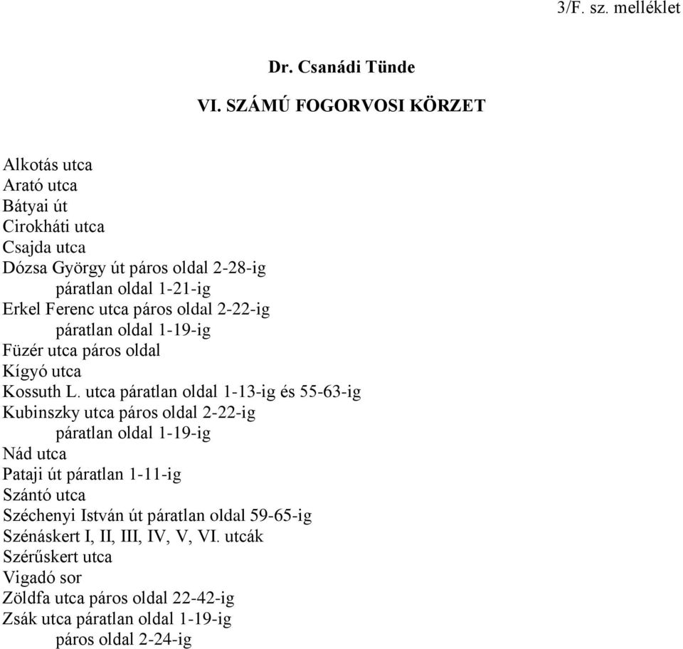 utca páros oldal 2-22-ig páratlan oldal 1-19-ig Füzér utca páros oldal Kígyó utca Kossuth L.