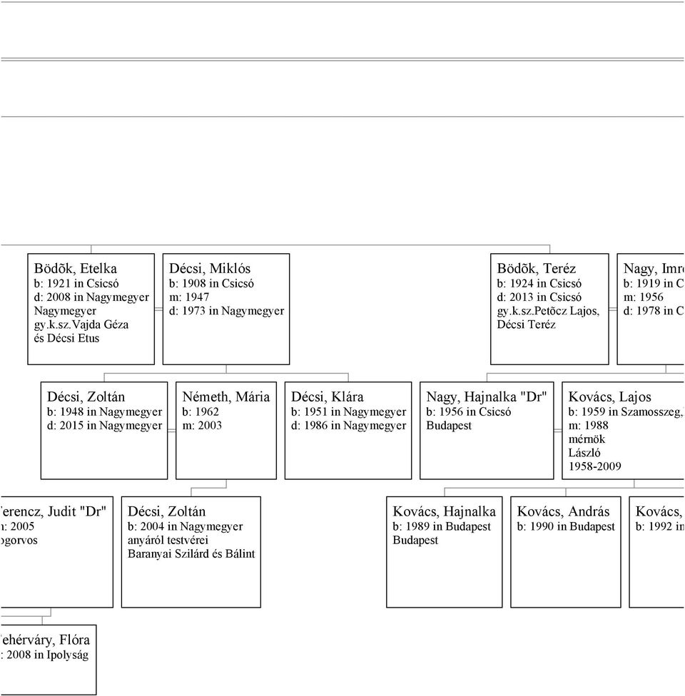 petõcz Lajos, Décsi Teréz Nagy, Imre b: 1919 in Csics m: 1956 d: 1978 in Csics Décsi, Zoltán b: 1948 in Nagymegyer d: 2015 in Nagymegyer Németh, Mária b: 1962 m: 2003 Décsi, Klára b: 1951 in
