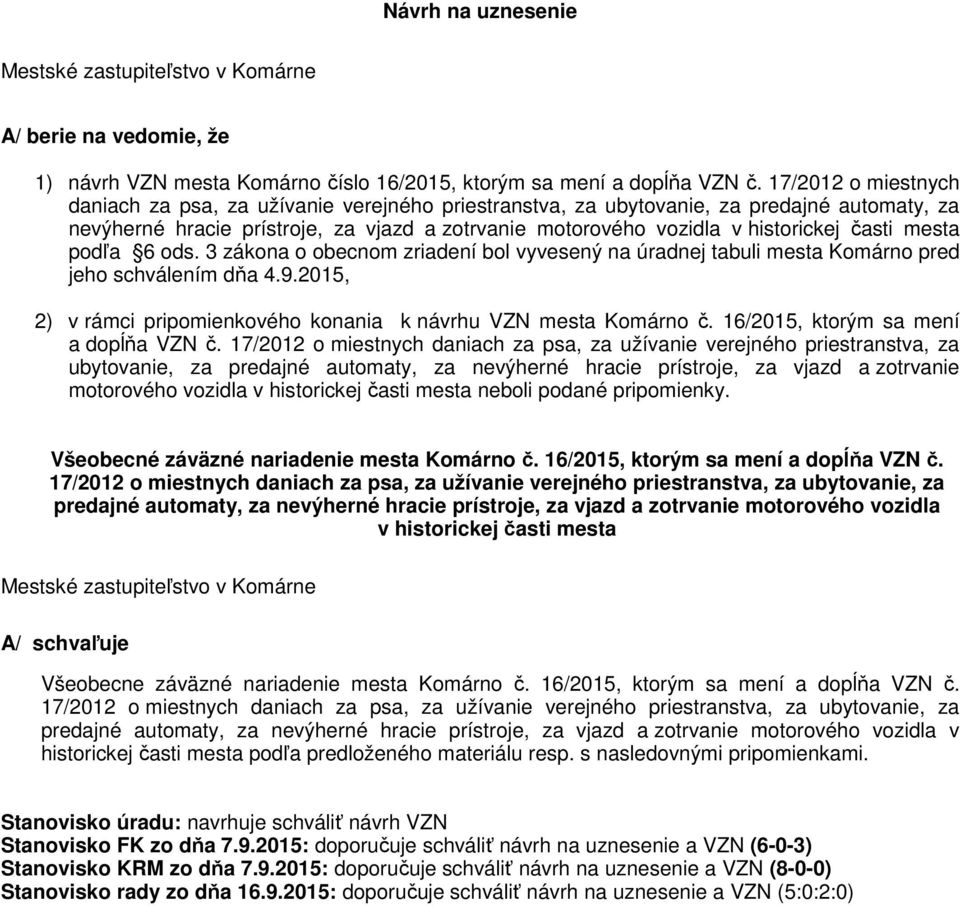 časti mesta podľa 6 ods. 3 zákona o obecnom zriadení bol vyvesený na úradnej tabuli mesta Komárno pred jeho schválením dňa 4.9.2015, 2) v rámci pripomienkového konania k návrhu VZN mesta Komárno č.