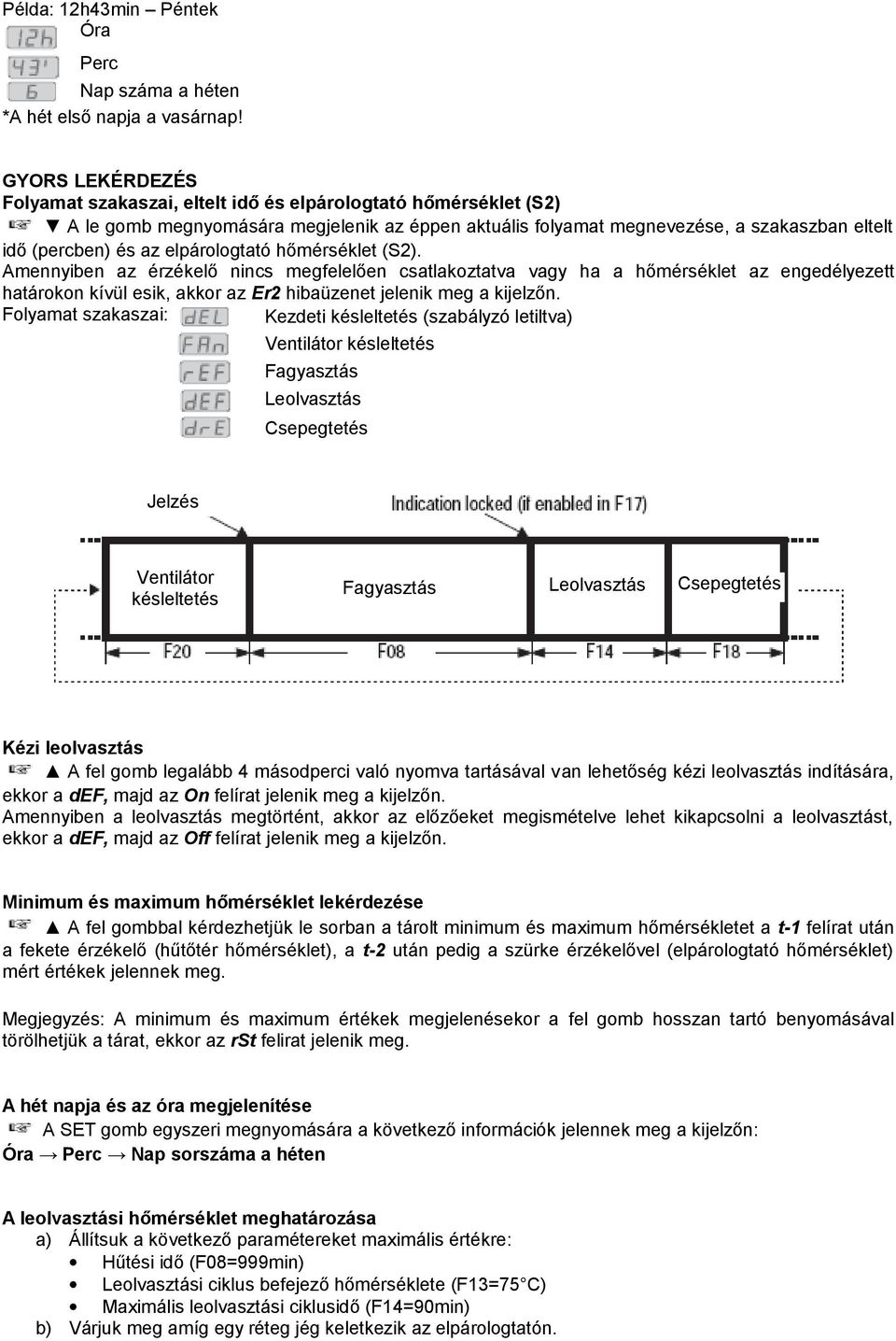 elpárologtató hőmérséklet (S2). Amennyiben az érzékelő nincs megfelelően csatlakoztatva vagy ha a hőmérséklet az engedélyezett határokon kívül esik, akkor az Er2 hibaüzenet jelenik meg a kijelzőn.