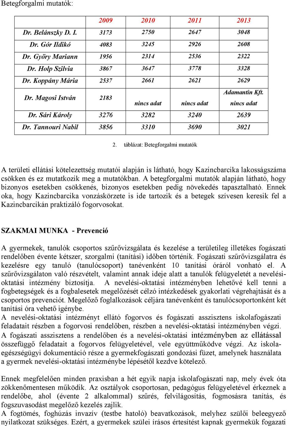 táblázat: Betegforgalmi mutatók A területi ellátási kötelezettség mutatói alapján is látható, hogy Kazincbarcika lakosságszáma csökken és ez mutatkozik meg a mutatókban.
