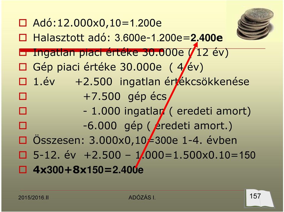 500 ingatlan értékcsökkenése +7.500 gép écs - 1.000 ingatlan ( eredeti amort) -6.