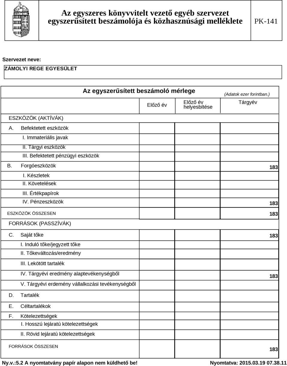 Pénzeszközök ESZKÖZÖK ÖSSZESEN FORRÁSOK (PASSZÍVÁK) C. Saját tőke I. Induló tőke/jegyzett tőke II. Tőkeváltozás/eredmény III. Lekötött tartalék IV.