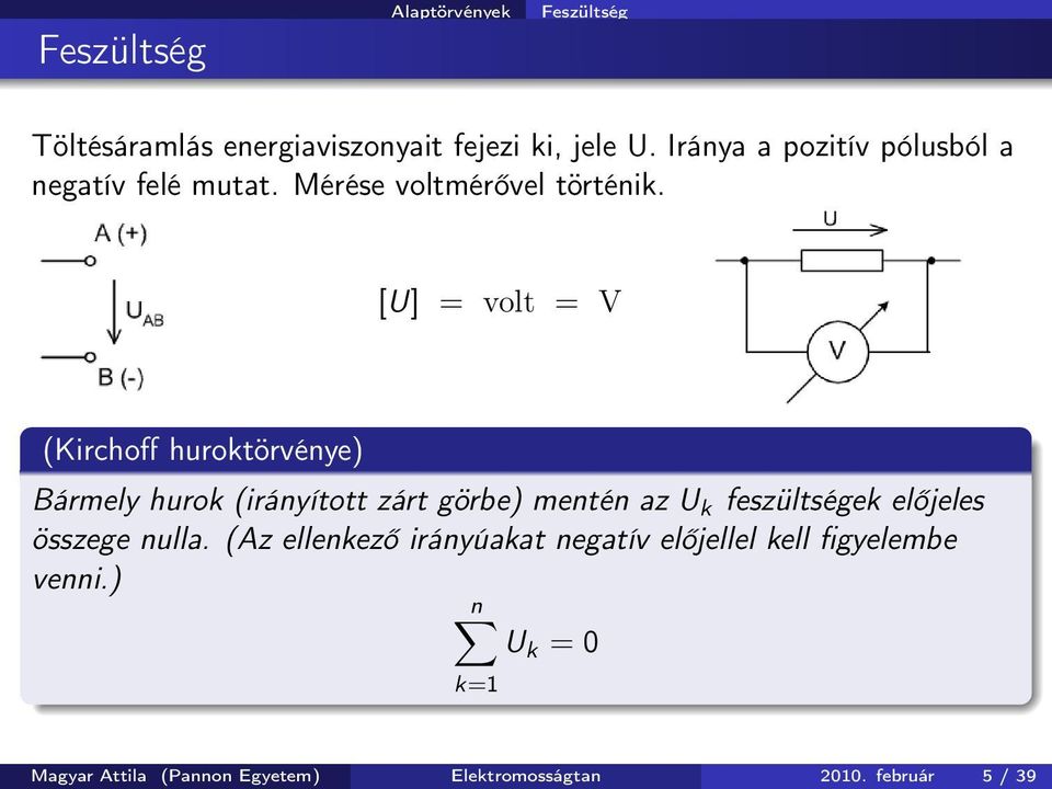 [U] = volt = V (Kirchoff huroktörvénye) Bármely hurok (irányított zárt görbe) mentén az U k feszültségek