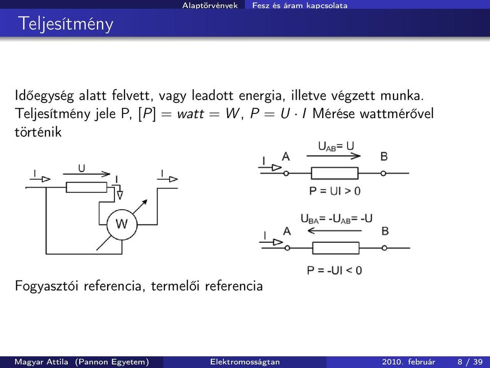 Teljesítmény jele P, [P] = watt = W, P = U I Mérése wattmérővel történik