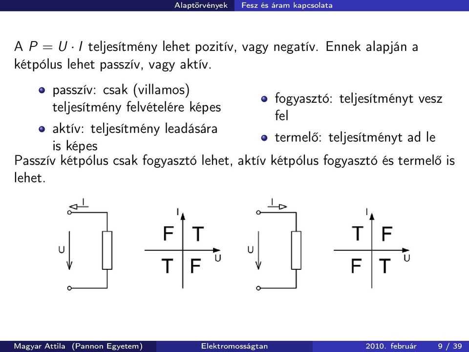 passzív: csak (villamos) teljesítmény felvételére képes fogyasztó: teljesítményt vesz fel aktív: teljesítmény