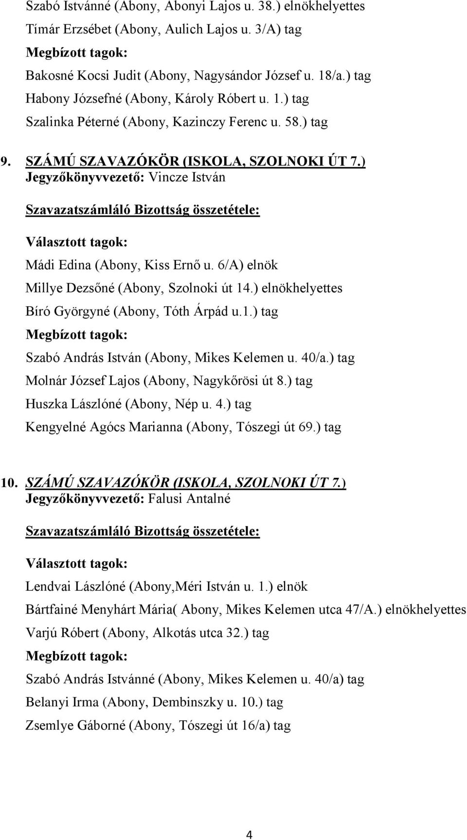 ) Jegyzőkönyvvezető: Vincze István Mádi Edina (Abony, Kiss Ernő u. 6/A) elnök Millye Dezsőné (Abony, Szolnoki út 14.) elnökhelyettes Bíró Györgyné (Abony, Tóth Árpád u.1.) tag Szabó András István (Abony, Mikes Kelemen u.