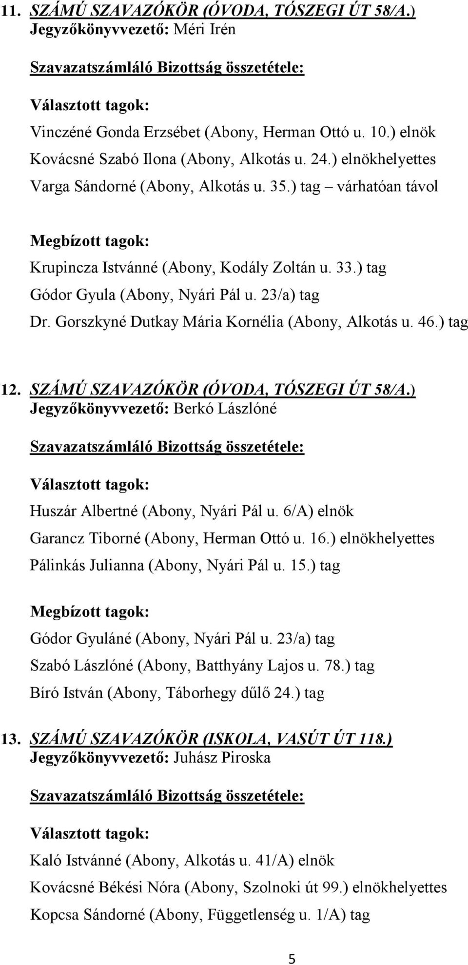 Gorszkyné Dutkay Mária Kornélia (Abony, Alkotás u. 46.) tag 12. SZÁMÚ SZAVAZÓKÖR (ÓVODA, TÓSZEGI ÚT 58/A.) Jegyzőkönyvvezető: Berkó Lászlóné Huszár Albertné (Abony, Nyári Pál u.