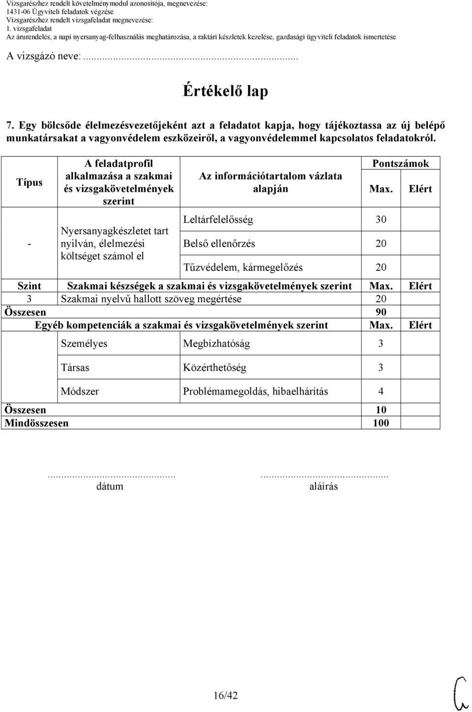 Típus - A feladatprofil alkalmazása a szakmai és vizsgakövetelmények szerint Nyersanyagkészletet tart nyilván, élelmezési költséget számol el Az információtartalom vázlata alapján Pontszámok Max.