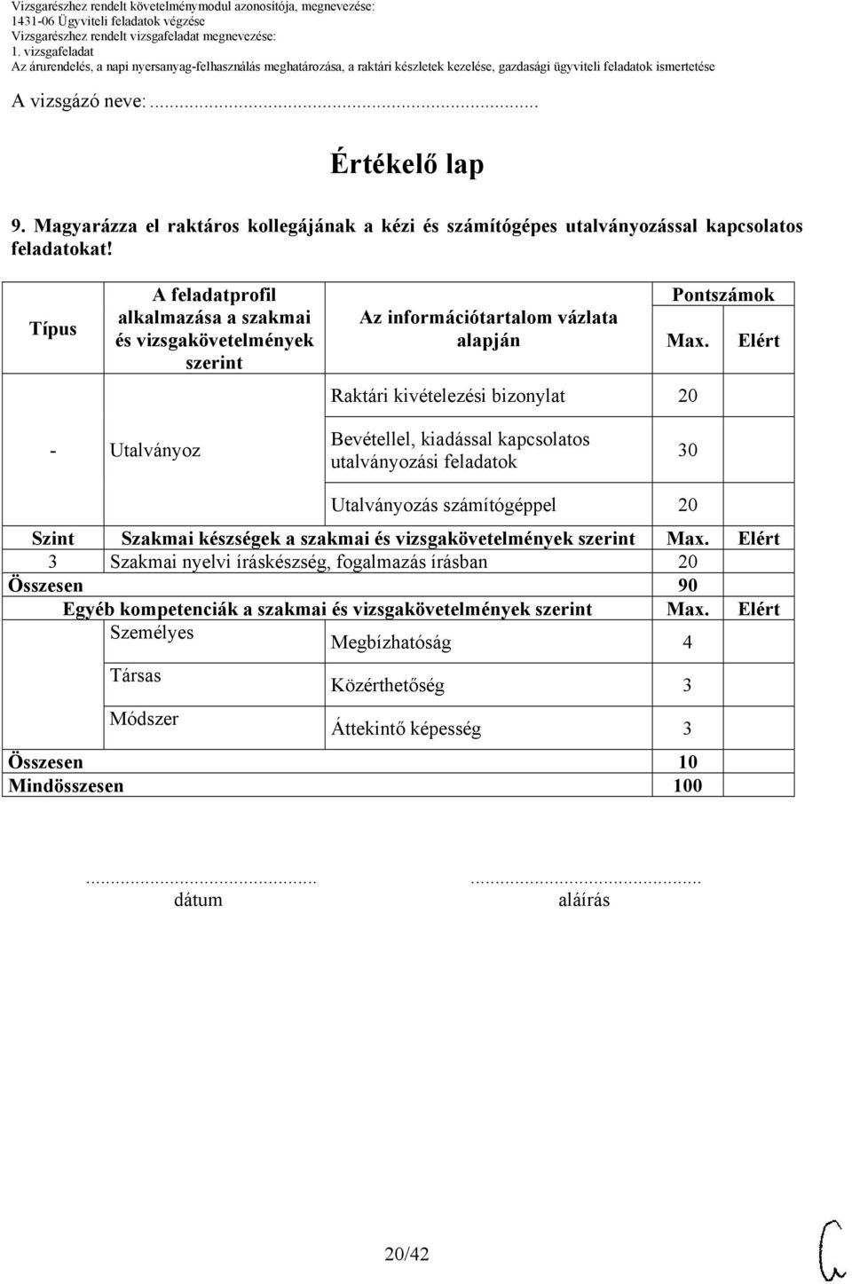 Raktári kivételezési bizonylat 20 Elért - Utalványoz Bevétellel, kiadással kapcsolatos utalványozási feladatok 30 Utalványozás számítógéppel 20 Szint Szakmai készségek a szakmai és