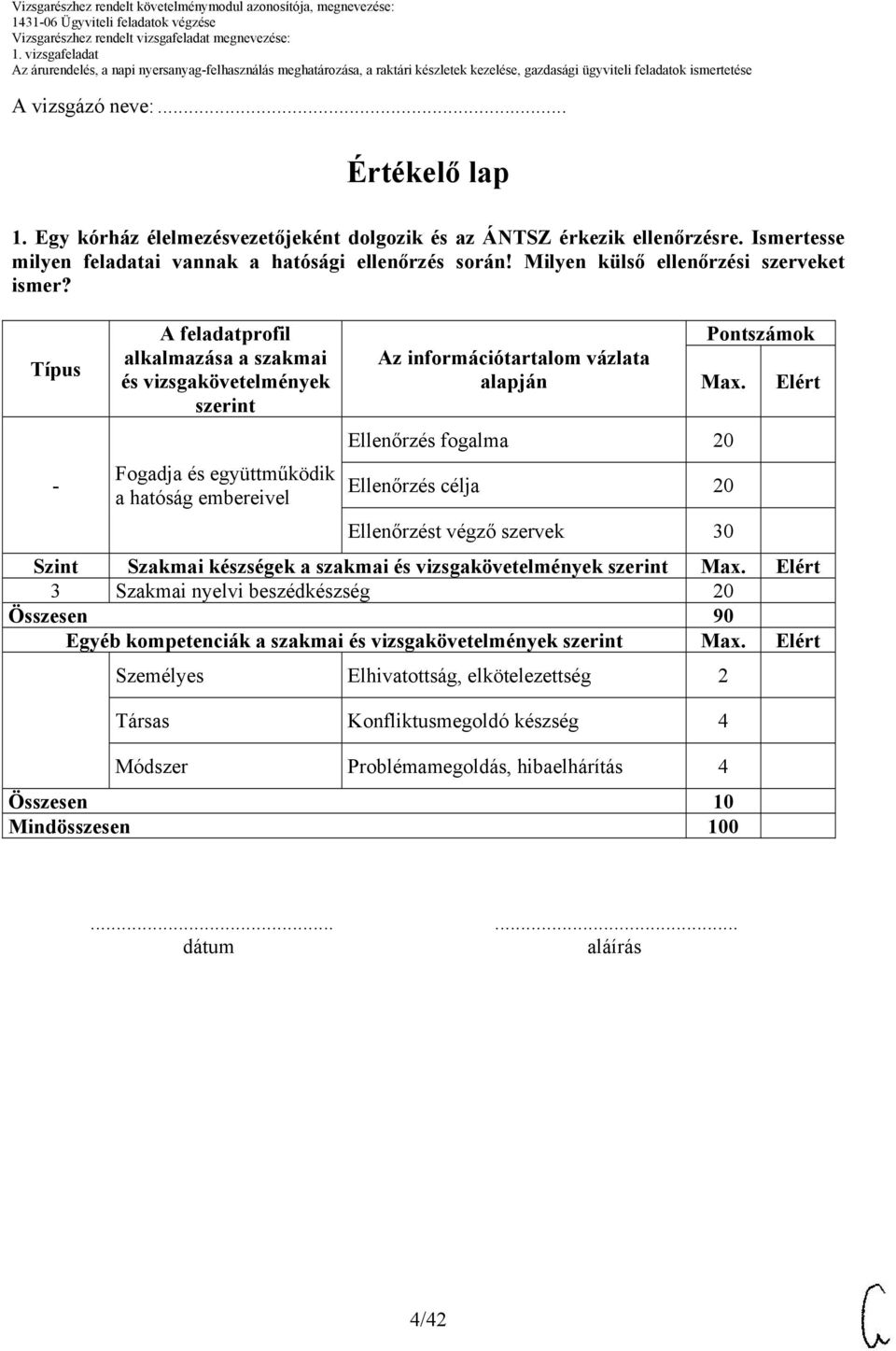 Típus - A feladatprofil alkalmazása a szakmai és vizsgakövetelmények szerint Fogadja és együttműködik a hatóság embereivel Az információtartalom vázlata alapján Pontszámok Max.