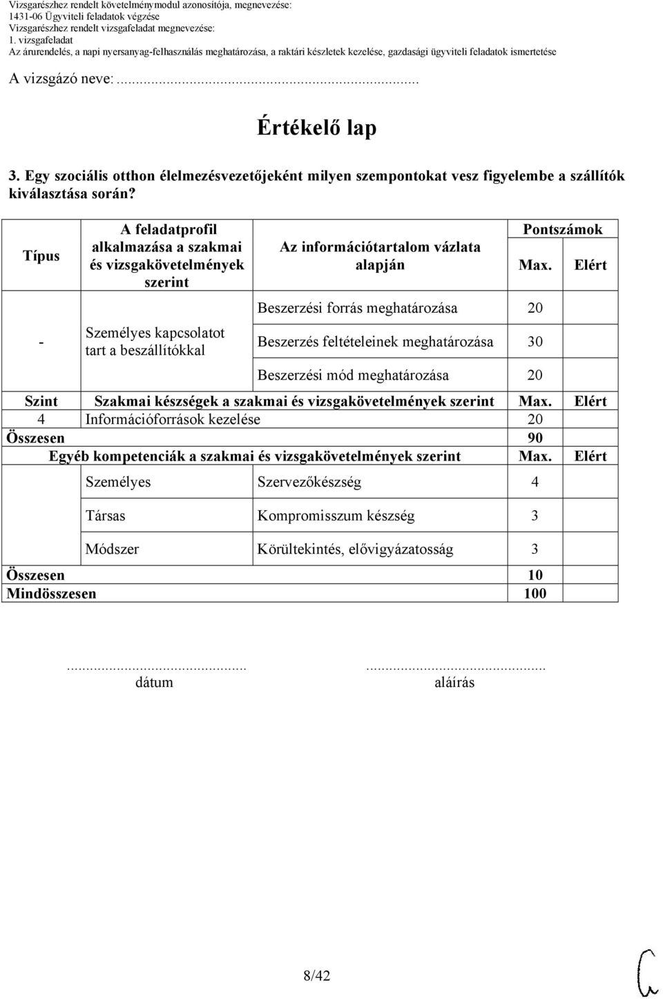 Beszerzési forrás meghatározása 20 Beszerzés feltételeinek meghatározása 30 Beszerzési mód meghatározása 20 Elért Szint Szakmai készségek a szakmai és vizsgakövetelmények szerint Max.