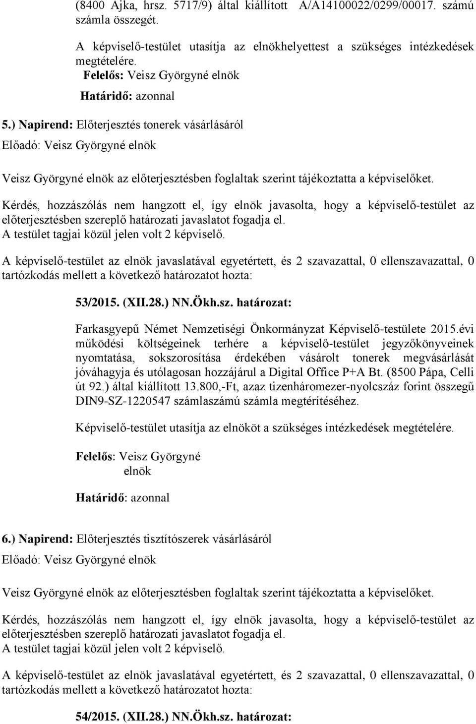 évi működési költségeinek terhére a képviselő-testület jegyzőkönyveinek nyomtatása, sokszorosítása érdekében vásárolt tonerek megvásárlását jóváhagyja és utólagosan hozzájárul a Digital Office P+A Bt.