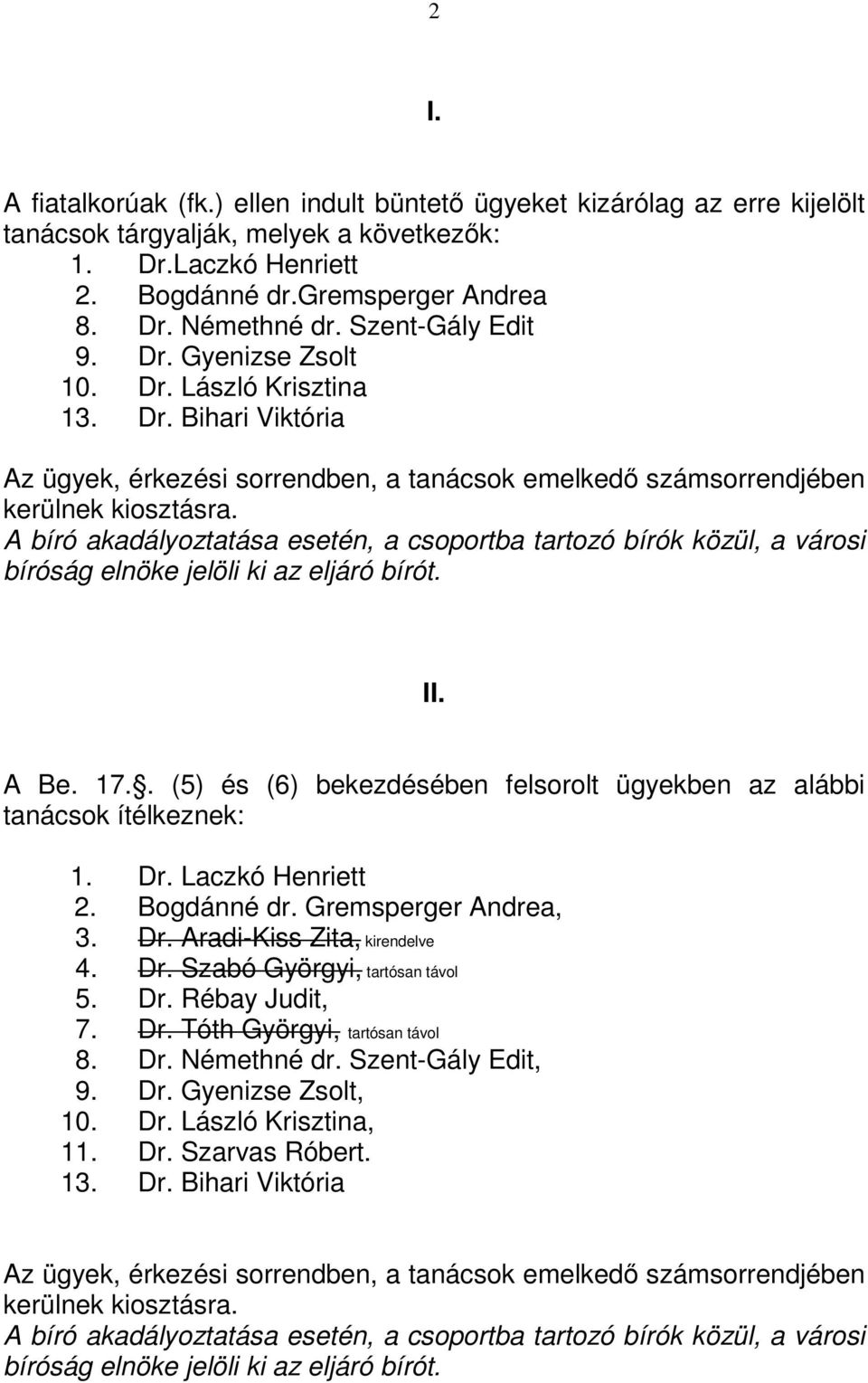 A bíró akadályoztatása esetén, a csoportba tartozó bírók közül, a városi bíróság elnöke jelöli ki az eljáró bírót. II. A Be. 17.