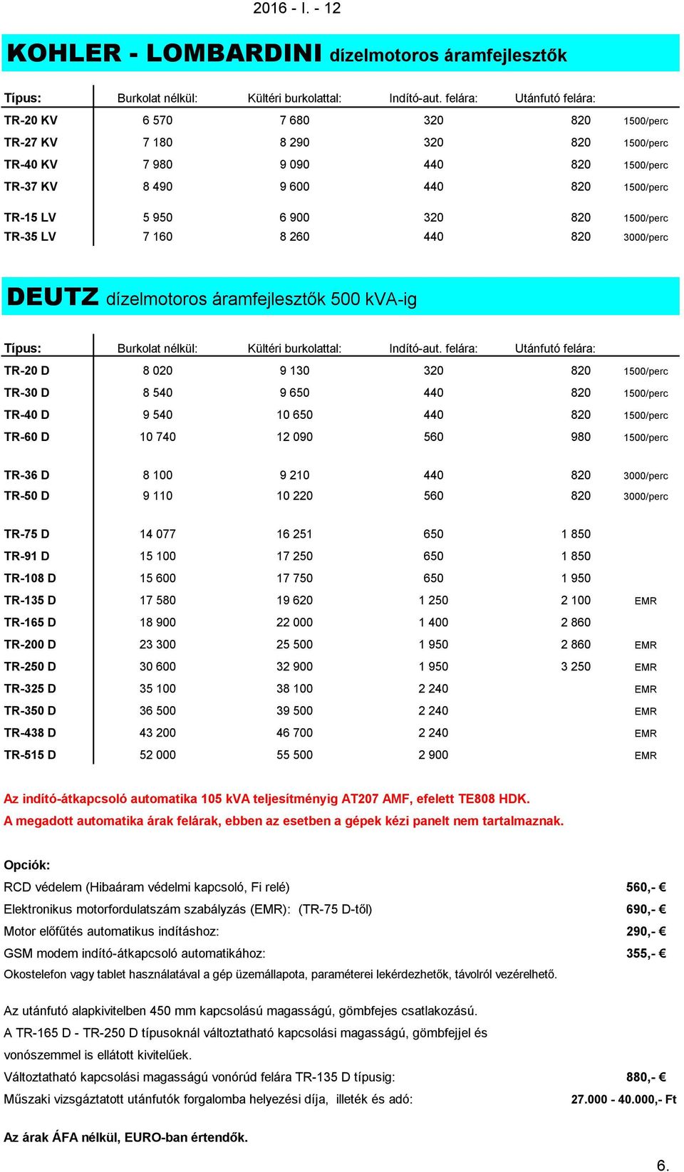 900 320 820 1500/perc TR-35 LV 7 160 8 260 440 820 3000/perc DEUTZ dízelmotoros áramfejlesztők 500 kva-ig Típus: Burkolat nélkül: Kültéri burkolattal: Indító-aut.