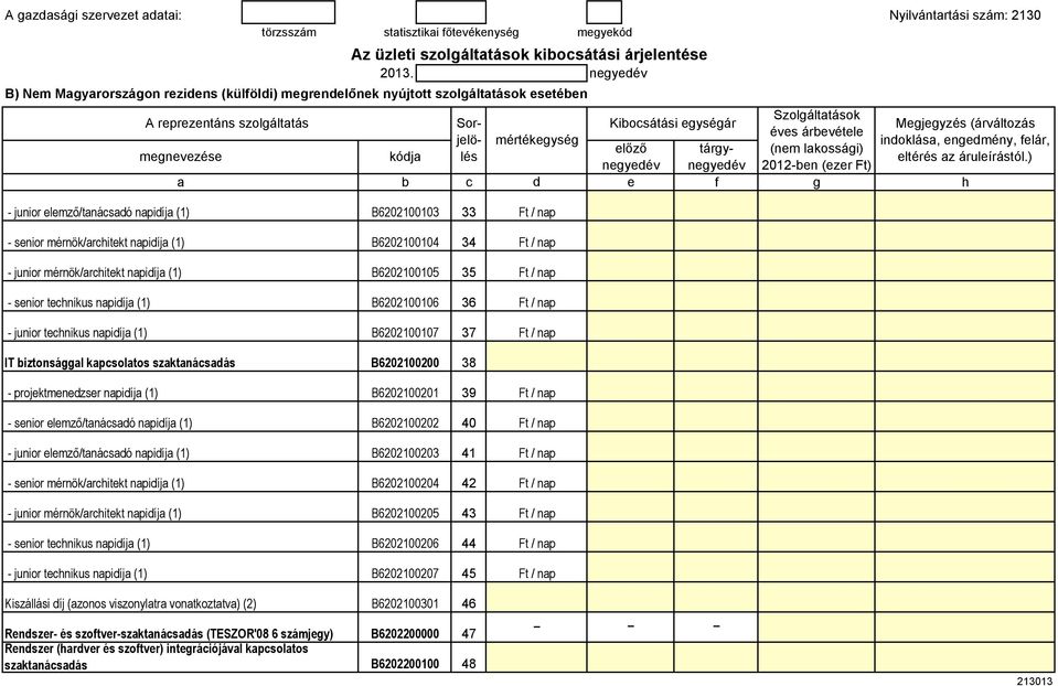 ) - junior lmző/tanácsaó napiíja (1) B6202100103 33 - snior mérnök/arcitkt napiíja (1) B6202100104 34 - junior mérnök/arcitkt napiíja (1) B6202100105 35 - snior tcnikus napiíja (1) B6202100106 36 -