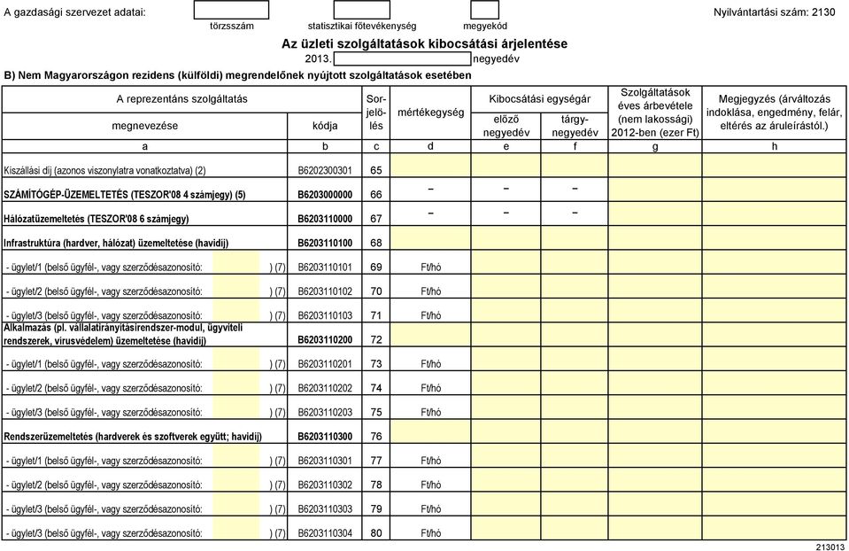 ) Kiszállási íj (azonos viszonylatra vonatkoztatva) (2) B6202300301 65 SZÁMÍTÓGÉP-ÜZEMELTETÉS (TESZOR'08 4 számjy) (5) B6203000000 66 Hálózatüzmlttés (TESZOR'08 6 számjy) B6203110000 67 Inrastruktúra