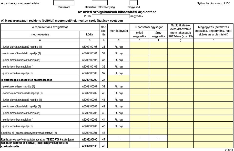 ) - junior lmző/tanácsaó napiíja (1) A6202100103 33 - snior mérnök/arcitkt napiíja (1) A6202100104 34 - junior mérnök/arcitkt napiíja (1) A6202100105 35 - snior tcnikus napiíja (1) A6202100106 36 -