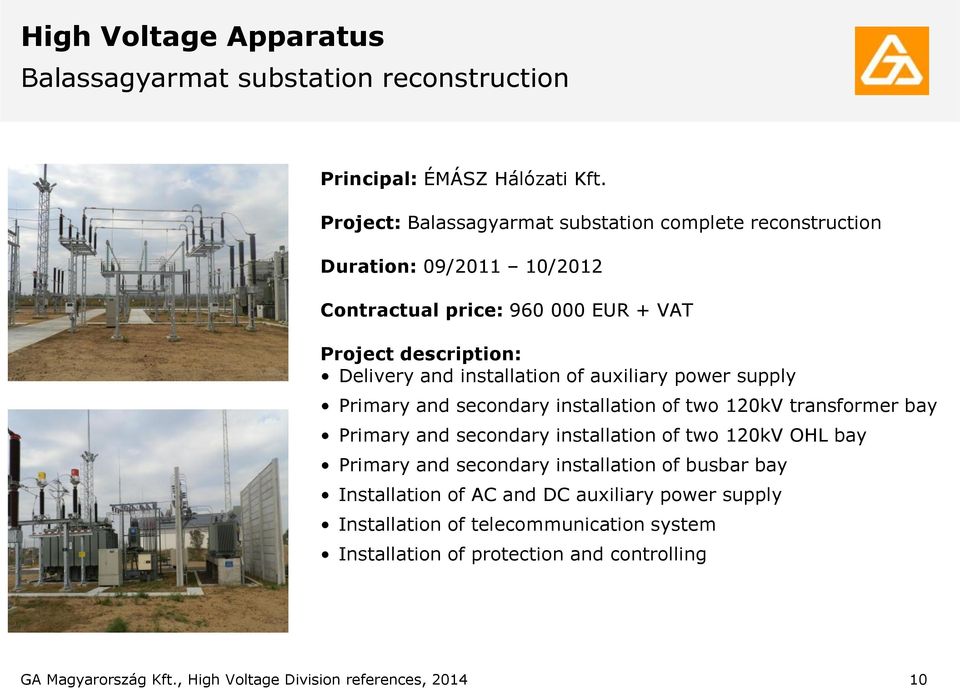 installation of auxiliary power supply Primary and secondary installation of two 120kV transformer bay Primary and secondary installation of two 120kV OHL bay