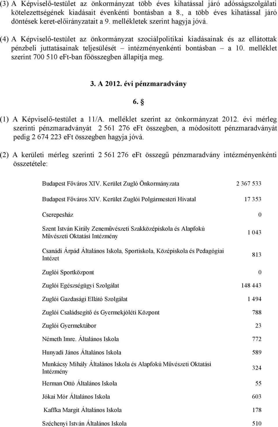 (4) A Képviselő-testület az önkormányzat szociálpolitikai kiadásainak és az ellátottak pénzbeli juttatásainak teljesülését intézményenkénti bontásban a 10.