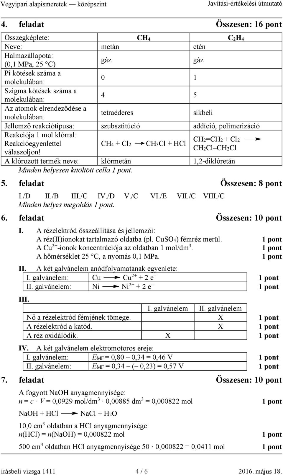 CH2Cl válaszoljon! A klórozott termék neve: klórmetán 1,2-diklóretán Minden helyesen kitöltött cella. 5. feladat Összesen: 8 pont I./D II./B III./C IV./D V./C VI./E VII./C VIII.