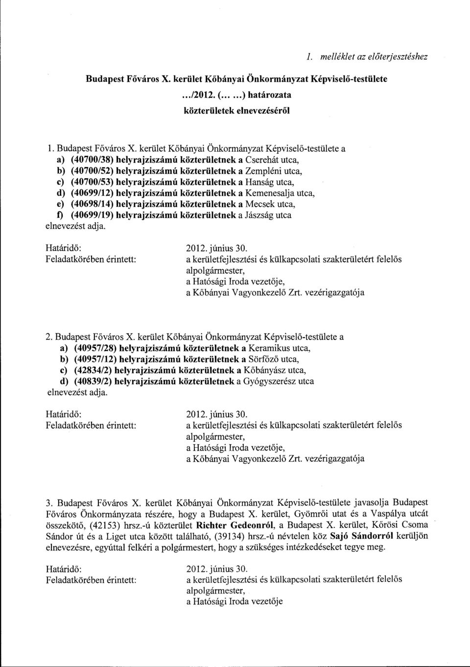 kerület Kőbányai Önkormányzat Képviselő-testülete a a) (40700/38) helyrajziszámú közterületnek a Cserehát utca, b) ( 40700/52) helyrajziszám ú közterületnek a Zempléni utca, c) (40700/53)
