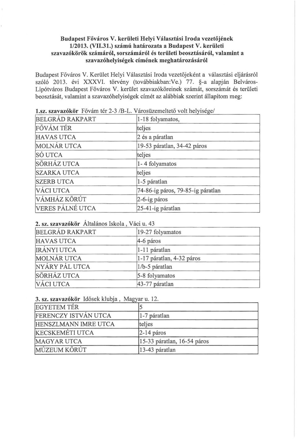 Kerület Helyi Választási Iroda vezetőjeként a választási eljárásról szóló 2013. évi XXXVI. törvény (továbbiakban:ve.) 77. -a alapján Belváros Lipótváros Budapest Főváros V.