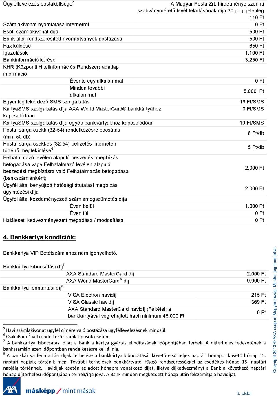 Fax küldése 65 Igazolások 1.10 Bankinformáció kérése 3.25 KHR (Központi Hitelinformációs Rendszer) adatlap információ Évente egy alkalommal Minden további alkalommal 5.